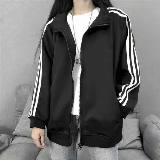 Spring Summer New Three Bars Jacket Women's Loose Thin Baseball Uniform Black Korean Style Student Fashion Outerwear Coat