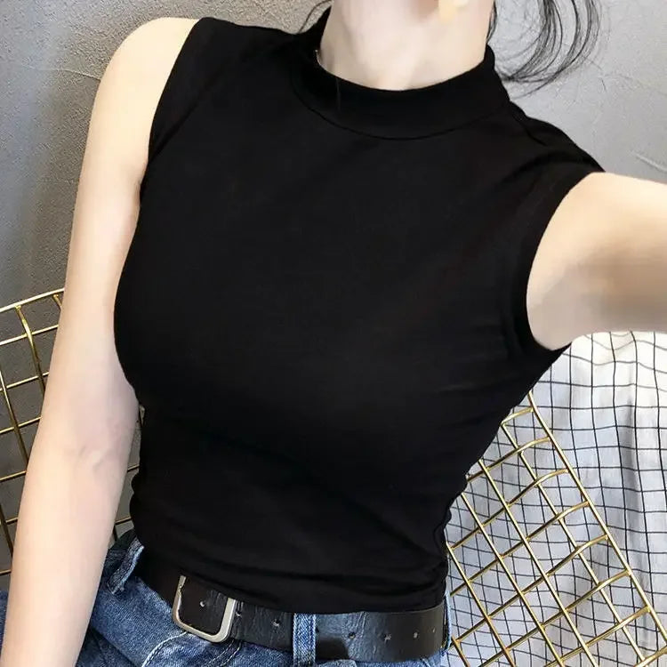 Women's Sleeveless Half Polo Turtle Neck Tank Top Fashionable Inner Base Layer Outer Wear Trendy Southeast Asian