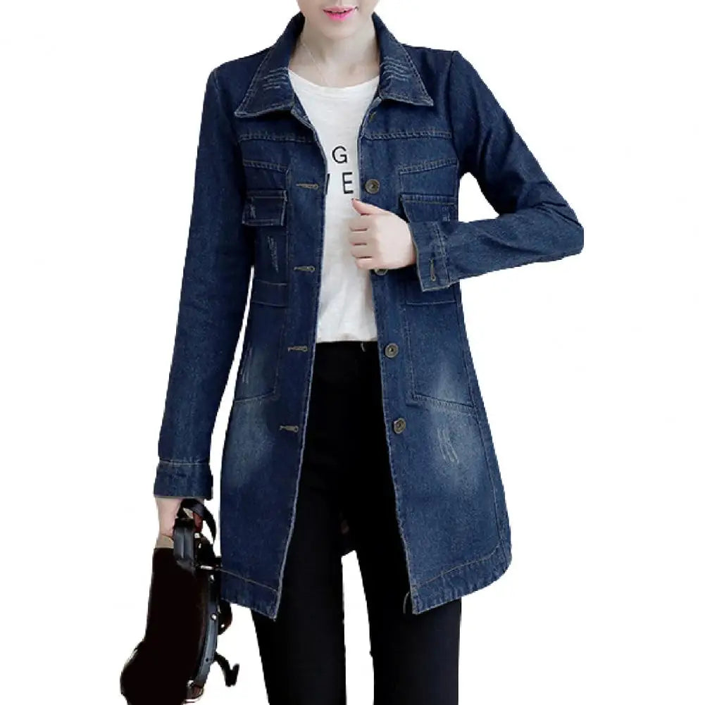 Fashion Single Breasted Long Denim Jacket Shrink Resistant Women Jacket Irregular Hem Long Women Jacket for Vacation