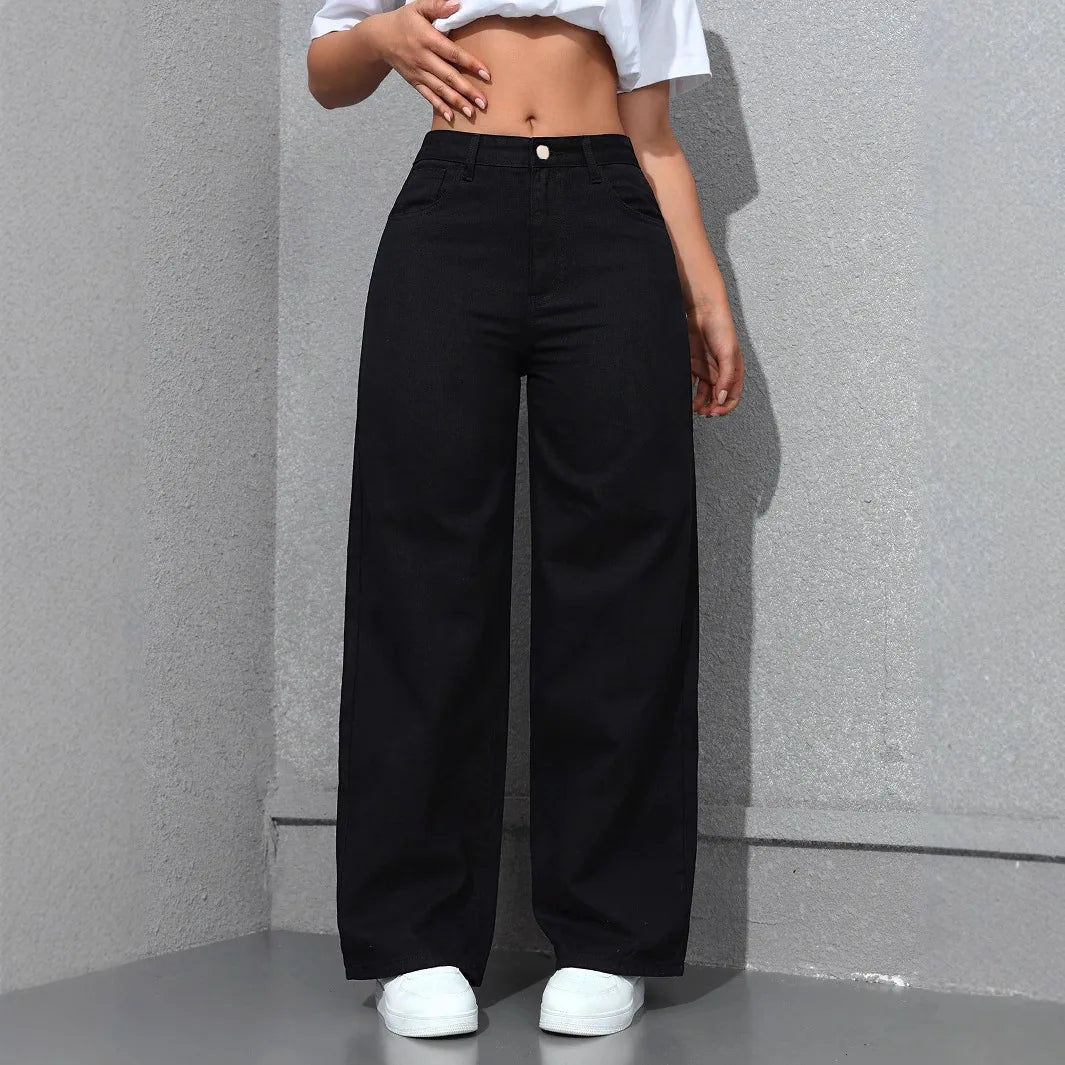Denim Wide Leg Pants Women Streetwear Jeans Washed Distressed High Waist Straight Trousers Female Vintage Basics Floor Length