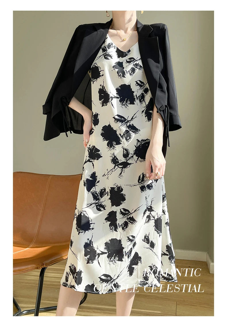 Summer new French silk vest dress for women, acetate satin V-neck light mature fashion floral A-line mid length skirt