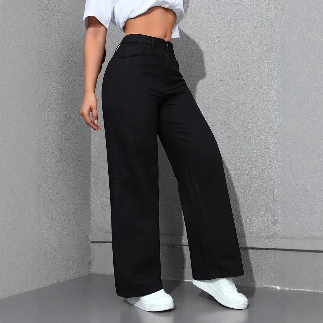 Denim Wide Leg Pants Women Streetwear Jeans Washed Distressed High Waist Straight Trousers Female Vintage Basics Floor Length