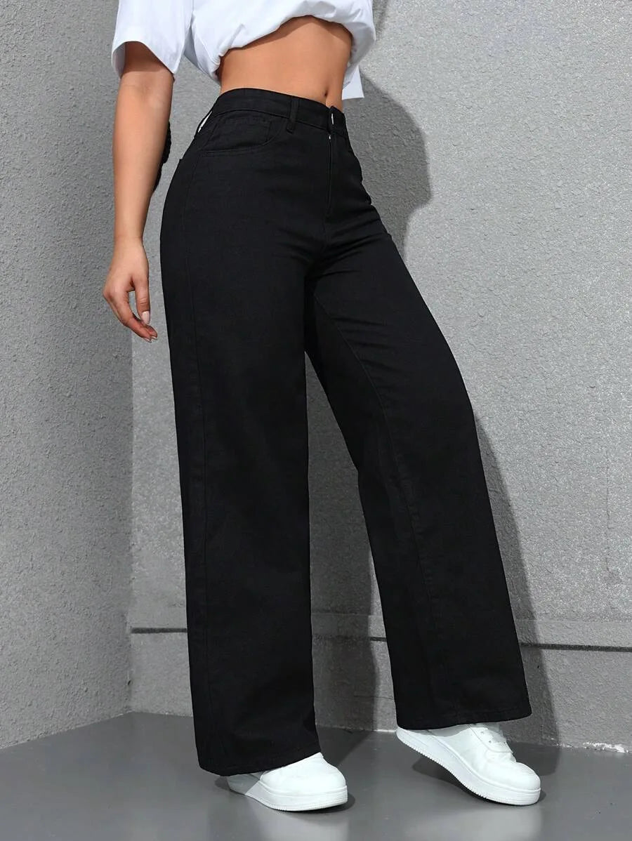 Denim Wide Leg Pants Women Streetwear Jeans Washed Distressed High Waist Straight Trousers Female Vintage Basics Floor Length