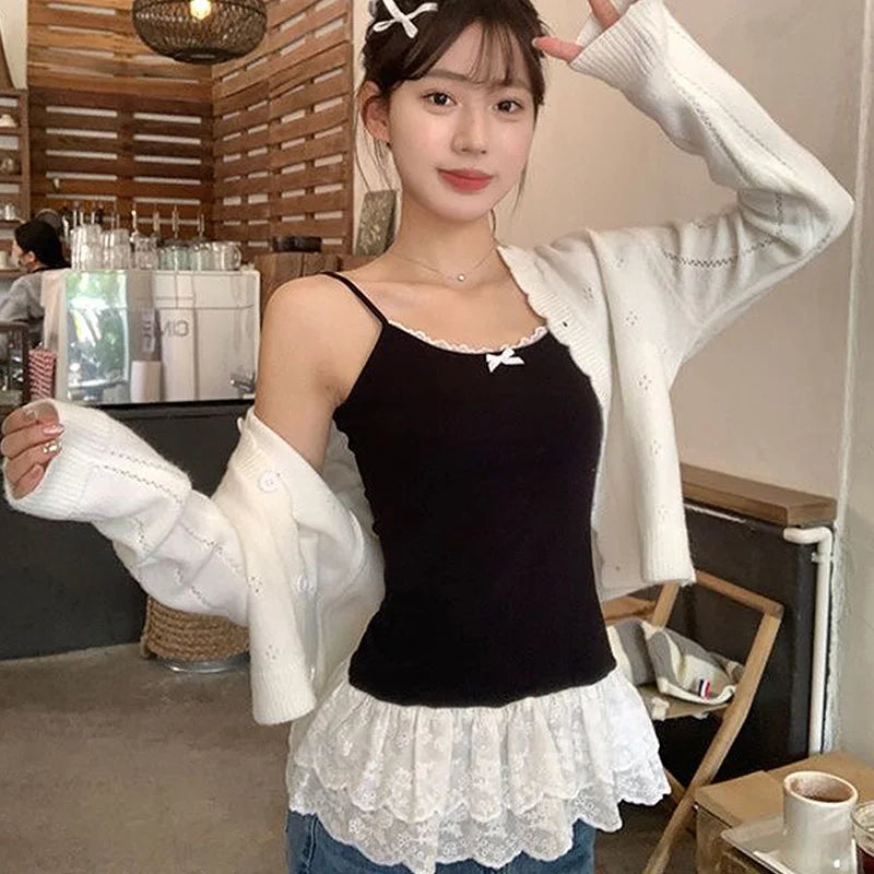 Bow Lace Patchwork Hem Cami White Top Women Camisole Long Ruffle Sleeveless 2025 Spring Autumn Y2K Korean Kawaii Camis Black