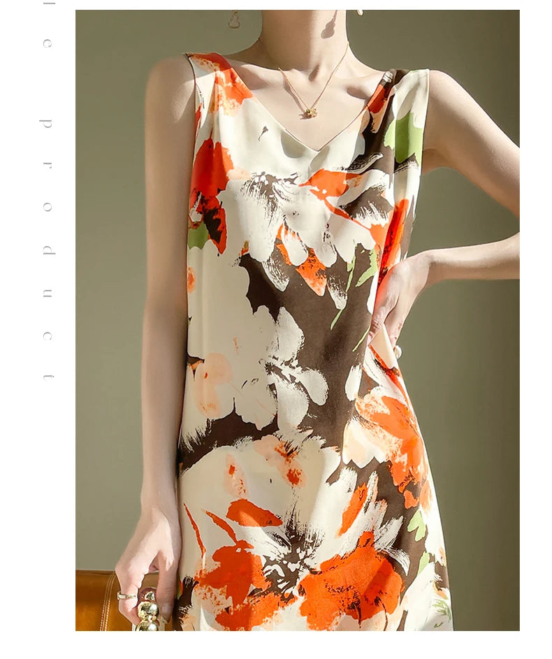 Summer new French silk vest dress for women, acetate satin V-neck light mature fashion floral A-line mid length skirt