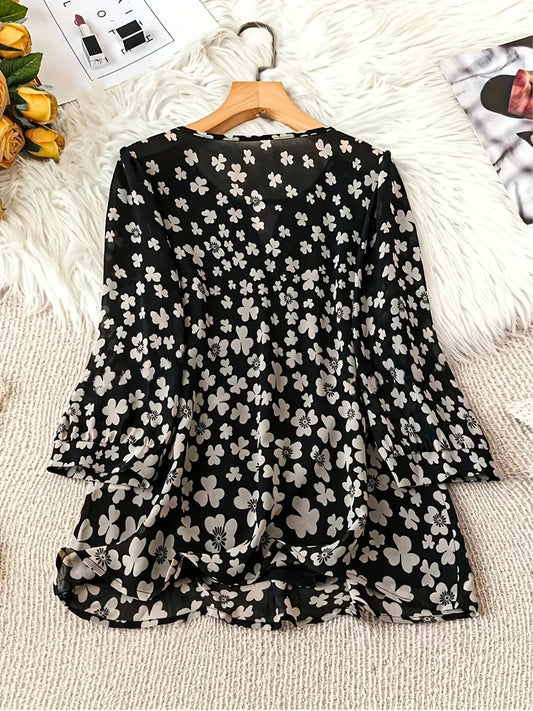Plus size Commuter loose floral T-shirt Women's casual and elegant V-neck long-sleeved blouse Autumn