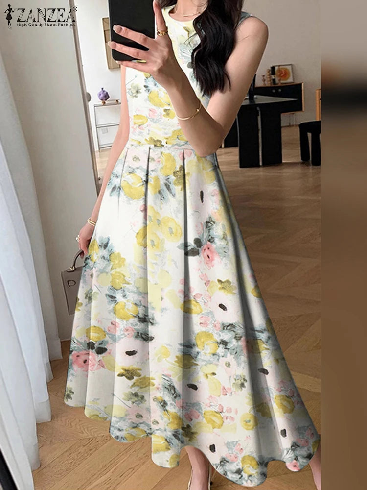 ZANZEA Women Sleeveless Pleated Dress 2024 Summer Korean A-line Tank Evening Dress Elegant Swing Vestido Vintage Party Long Robe