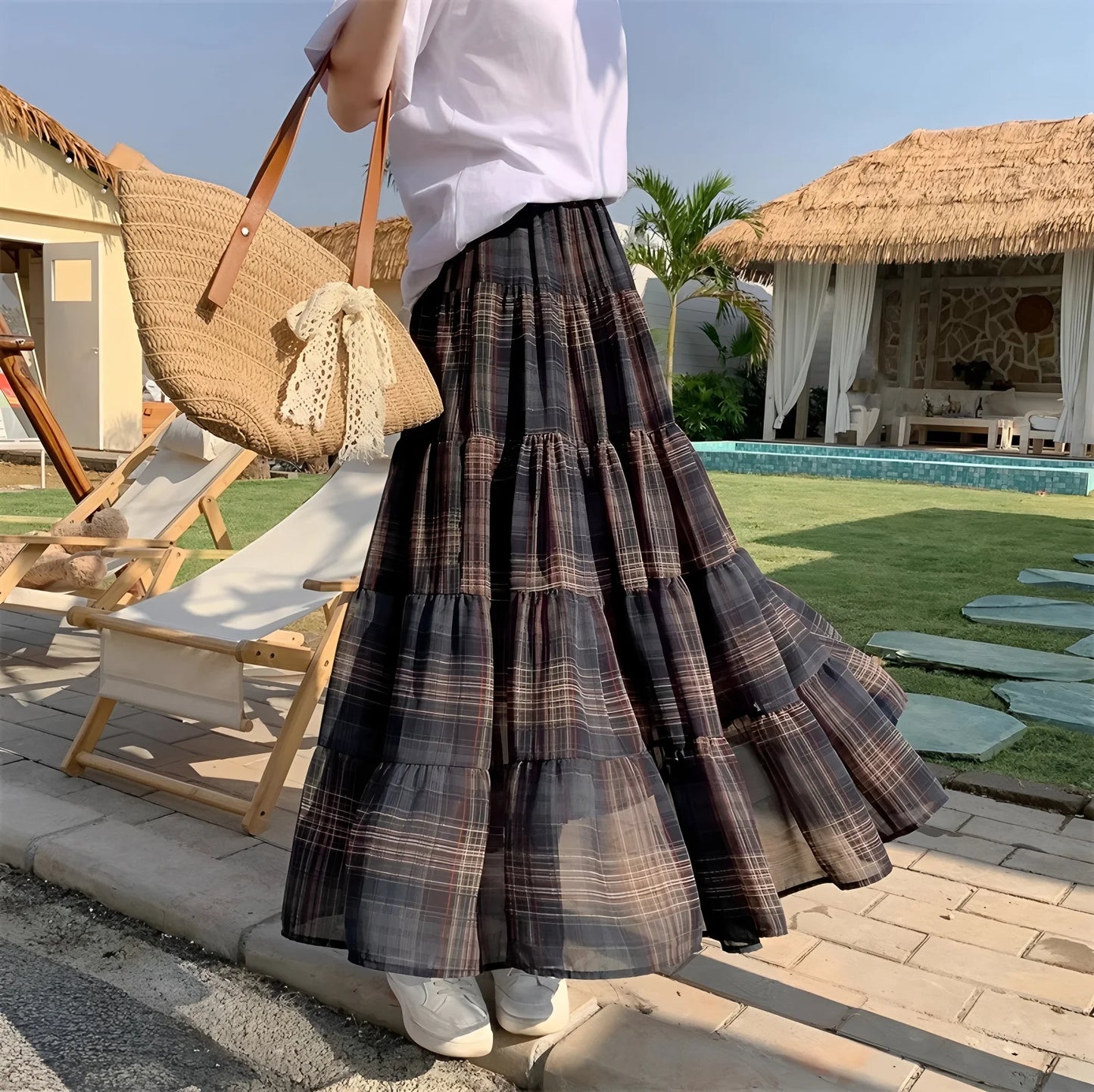 Spring and Autumn Women's Retro Plaid High Waist Skirt Plaid Chiffon Skirt Fashionable and Elegant Long Skirt New A-Line Large Swing Cake Skirt Loose Covering Elegant