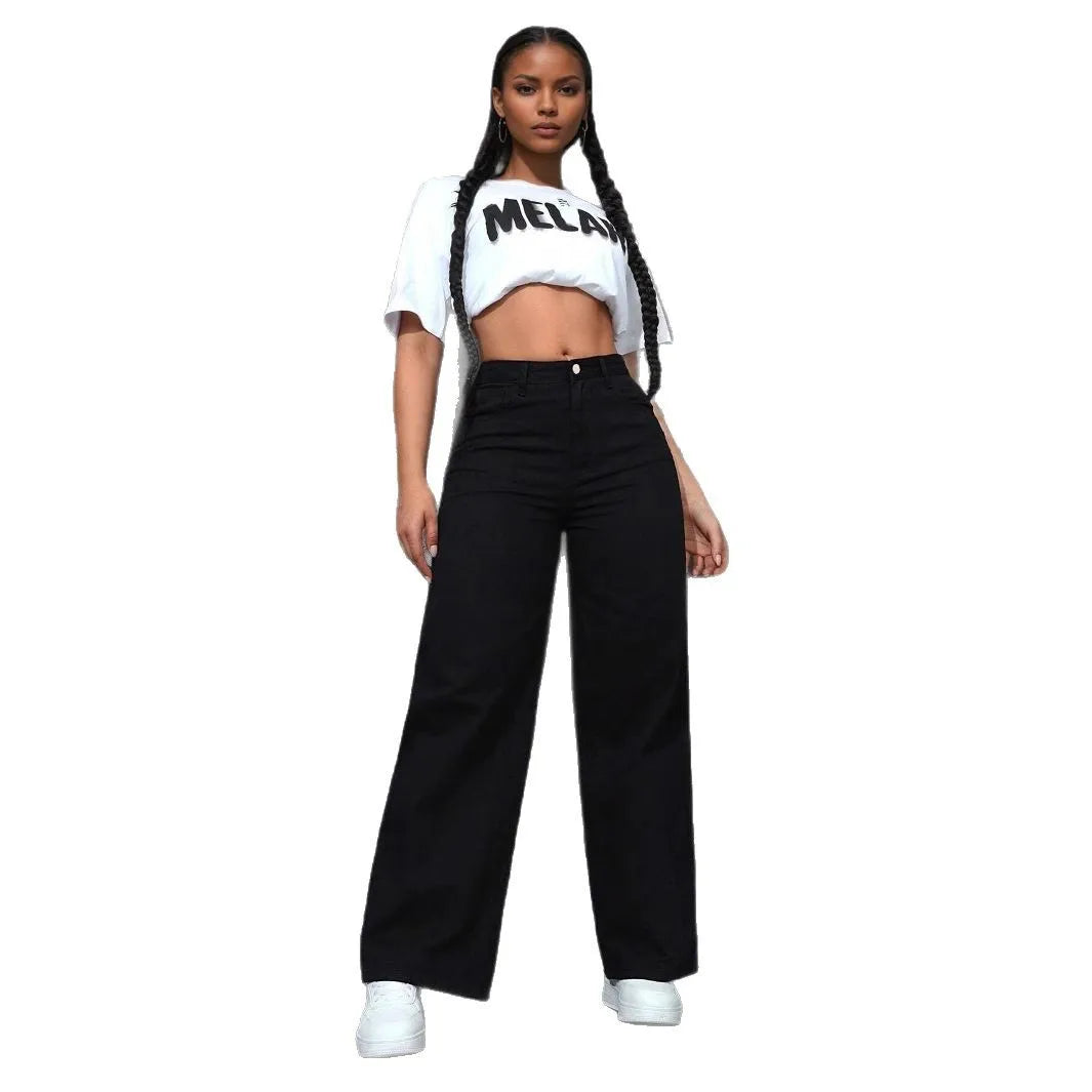 Denim Wide Leg Pants Women Streetwear Jeans Washed Distressed High Waist Straight Trousers Female Vintage Basics Floor Length