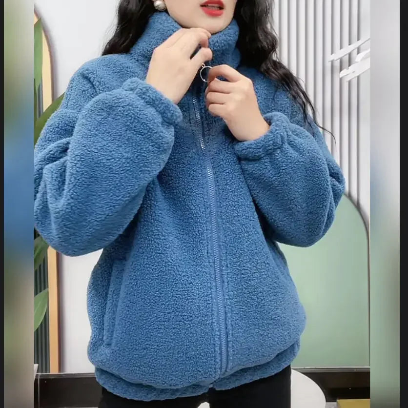 Thickened Fleece Jacket Women's Warm Cotton Clothes Anti-Aging Winter Outerwear Loose Fit Slimming Top Square Collar Full Sleeve