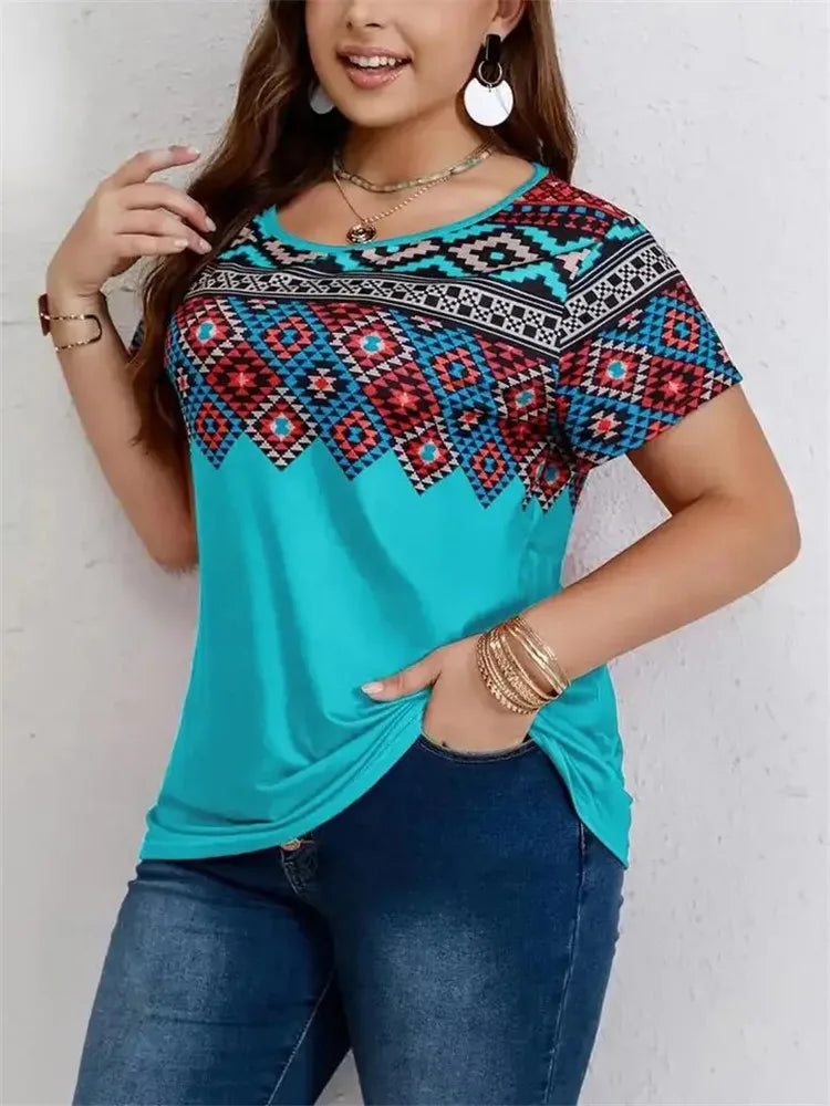 New 2025 Summer Retro T Shirt Women Ethnic Style Geometry Pattern Print Shirt Casual Fashion Plus Size Short Sleeve Tee Tops 6XL