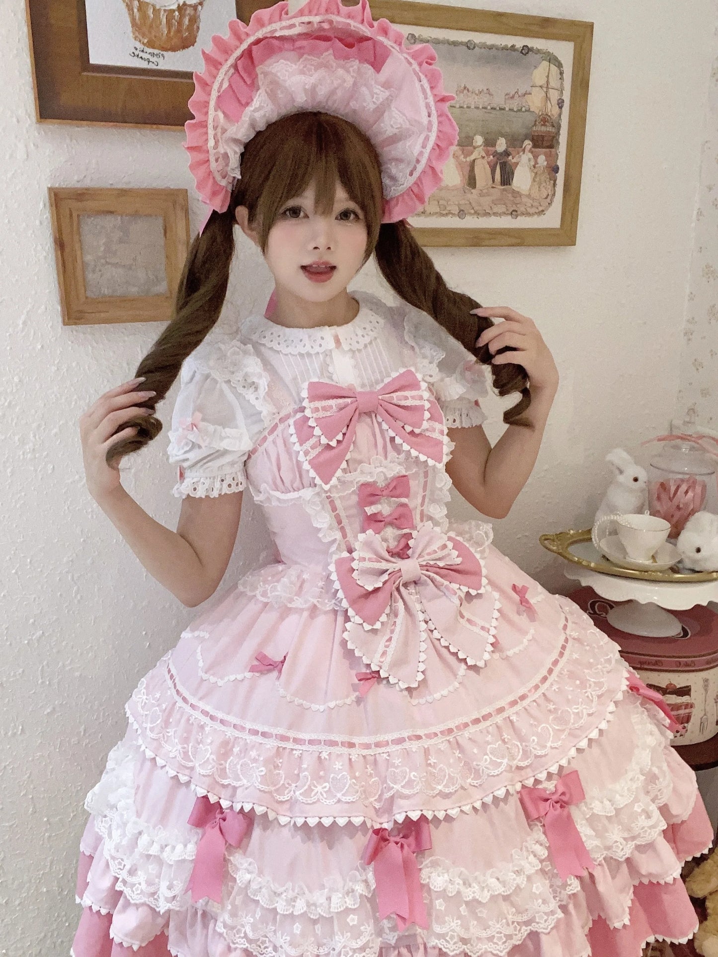 New 2025 Summer Original Sweet Lolita Jsk Dress Cute Bow Lace Stitching Kawaii Girls Women Elegant Slim Suspender Dresses