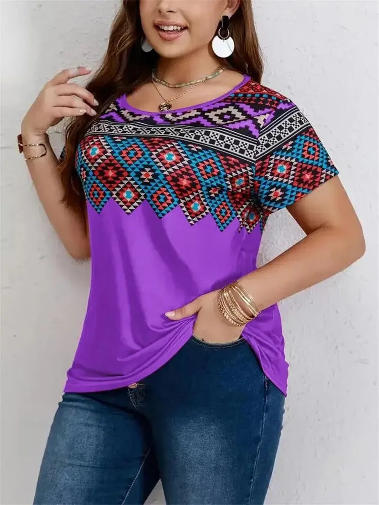 New 2025 Summer Retro T Shirt Women Ethnic Style Geometry Pattern Print Shirt Casual Fashion Plus Size Short Sleeve Tee Tops 6XL
