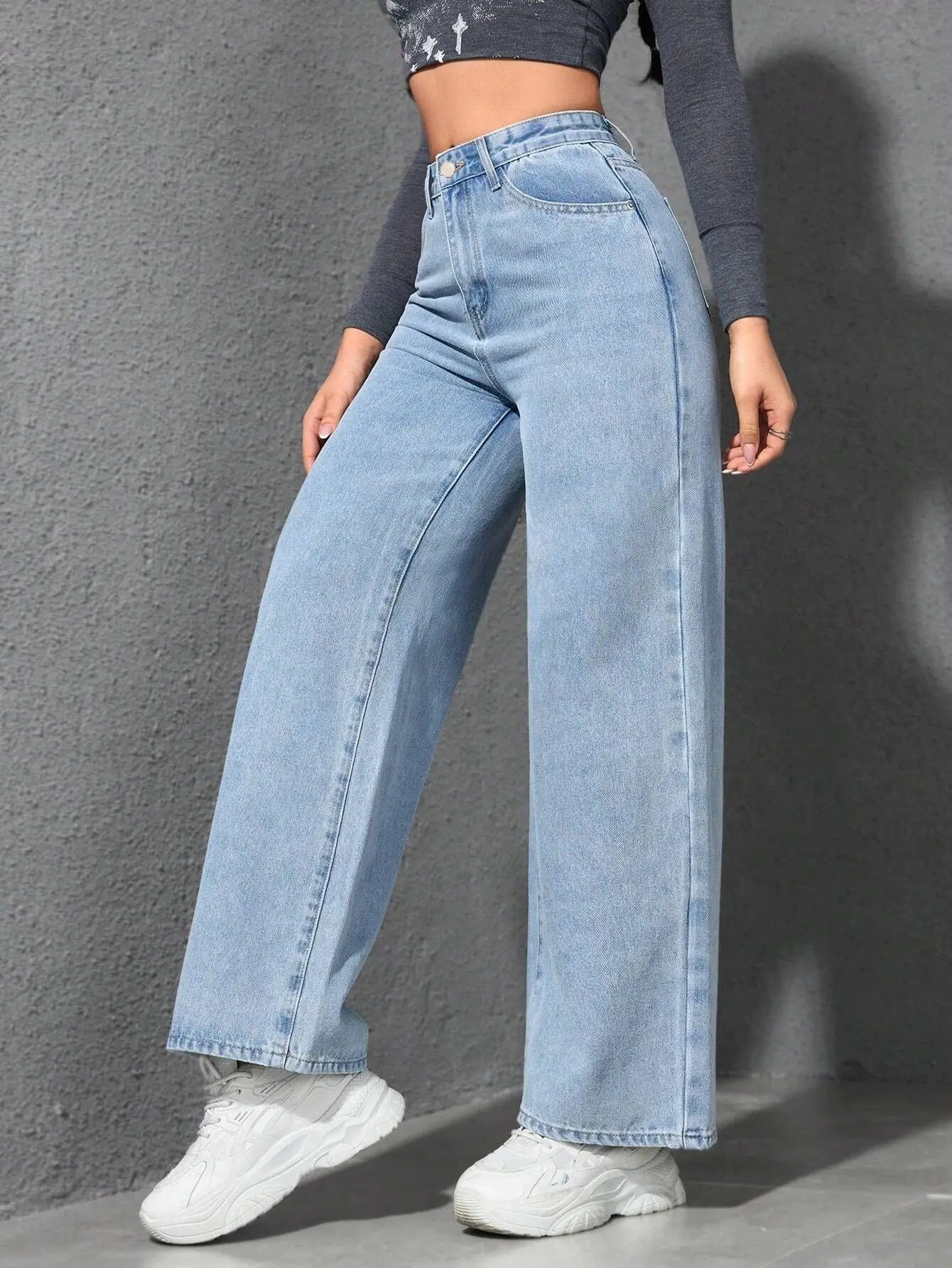 Denim Wide Leg Pants Women Streetwear Jeans Washed Distressed High Waist Straight Trousers Female Vintage Basics Floor Length