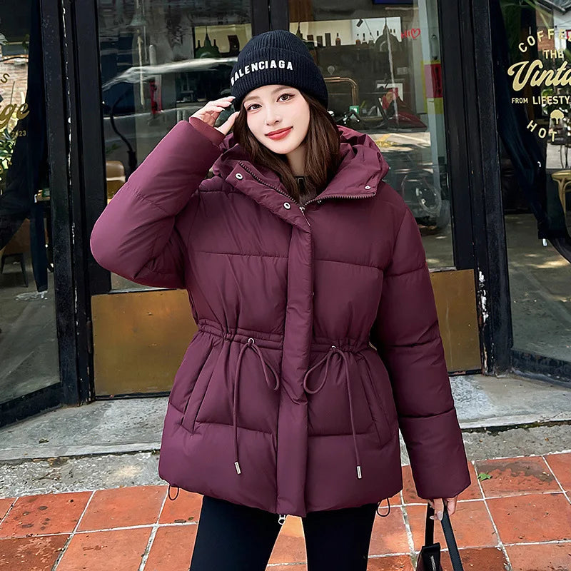 Women's Winter Padded Coat Solid Color Drawstring Waist-cinching Pockets Quilted Jacket For Female Minimalist Lady's Jacket