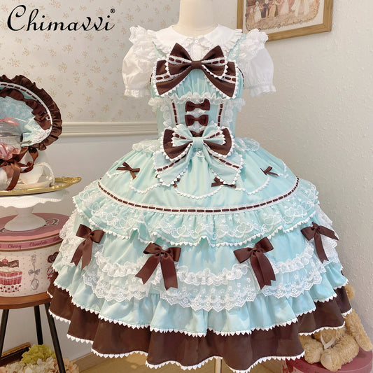 New 2025 Summer Original Sweet Lolita Jsk Dress Cute Bow Lace Stitching Kawaii Girls Women Elegant Slim Suspender Dresses
