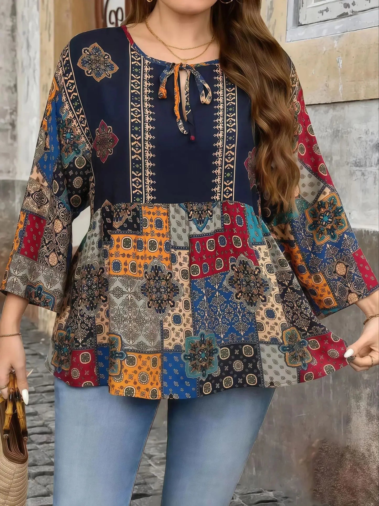 Bohemian Print V-Neck Tie-Waist 3/4 Sleeve Plus Size Women's T-Shirt - Elegant Ethnic Blouse