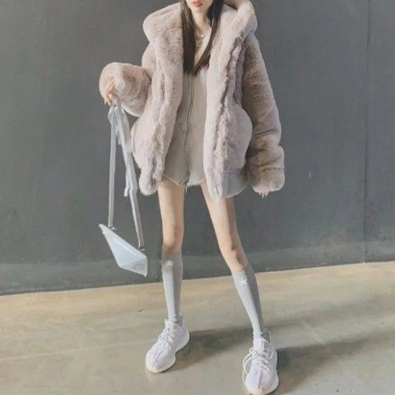 Autumn and Winter New Korean Version Loose Mink Fur Imitation College Women Y2K Harajuku Vintage Hip-hop Popular Coats
