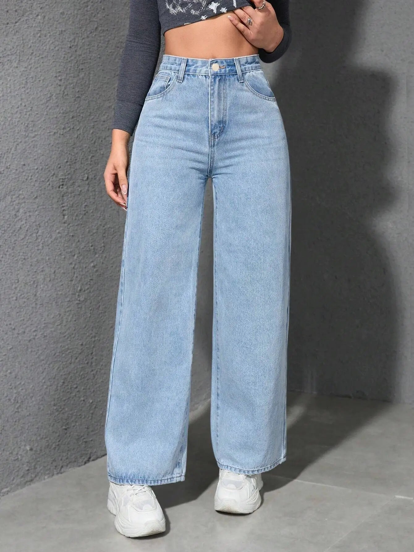 Denim Wide Leg Pants Women Streetwear Jeans Washed Distressed High Waist Straight Trousers Female Vintage Basics Floor Length