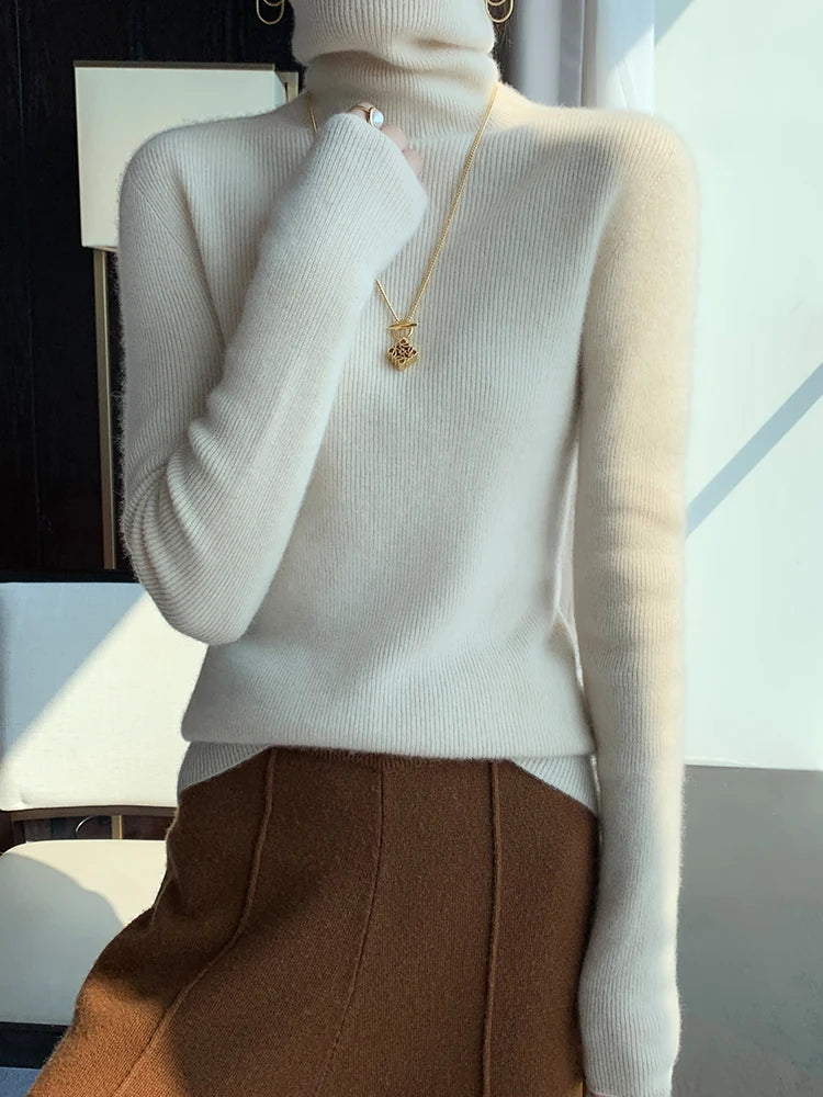 Grace Women Slim Sweater Pullover Turtleneck Basic Cashmere Autumn Winter 100% Merino Wool Knitwear Soft High-end Threaded Tops
