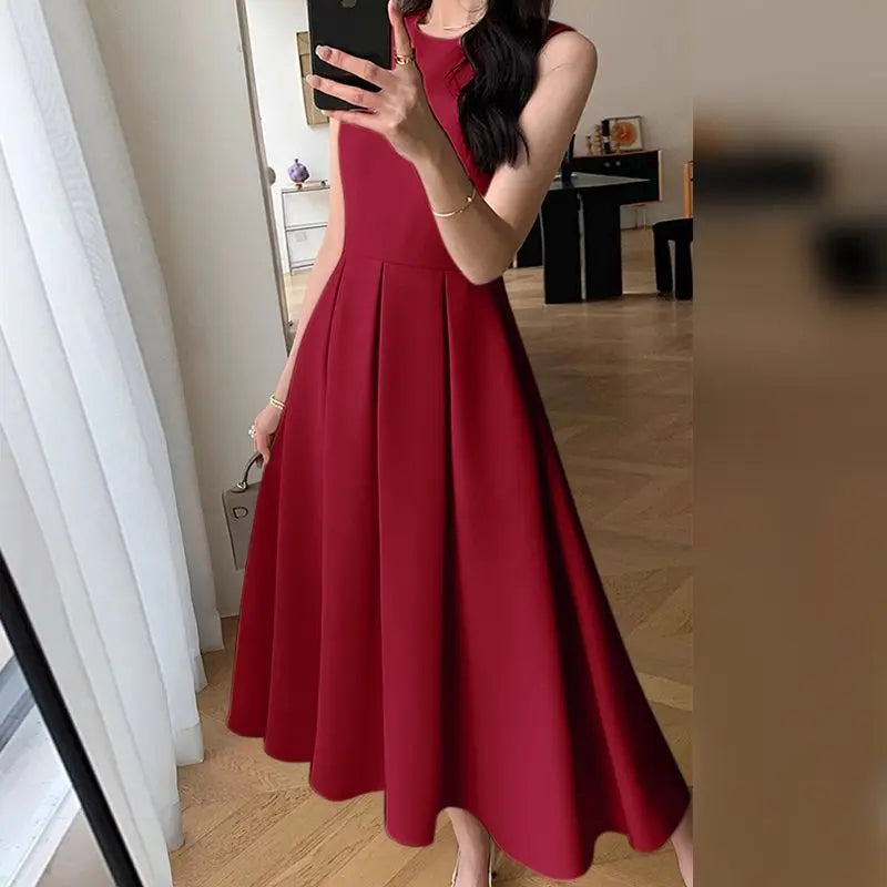 ZANZEA Women Sleeveless Pleated Dress 2024 Summer Korean A-line Tank Evening Dress Elegant Swing Vestido Vintage Party Long Robe