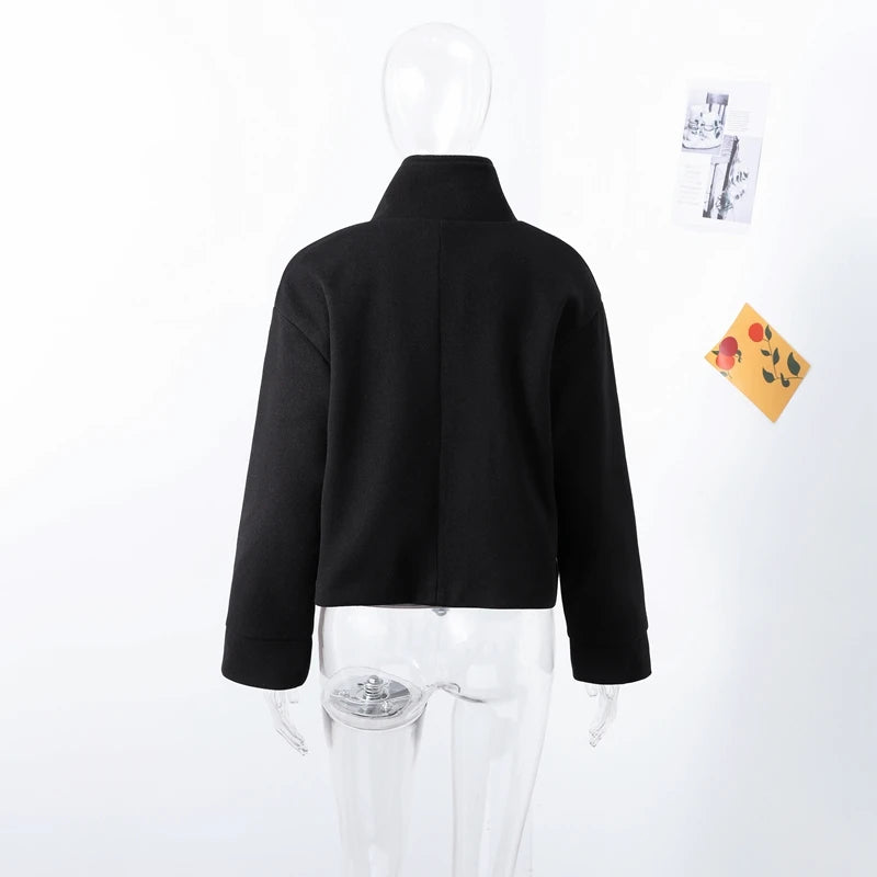 Fashion Women's Stand Collar Woolen Coats Long Sleeve Loose Female Short Coat 2025 Autumn Winter Office Lady Street Jacket