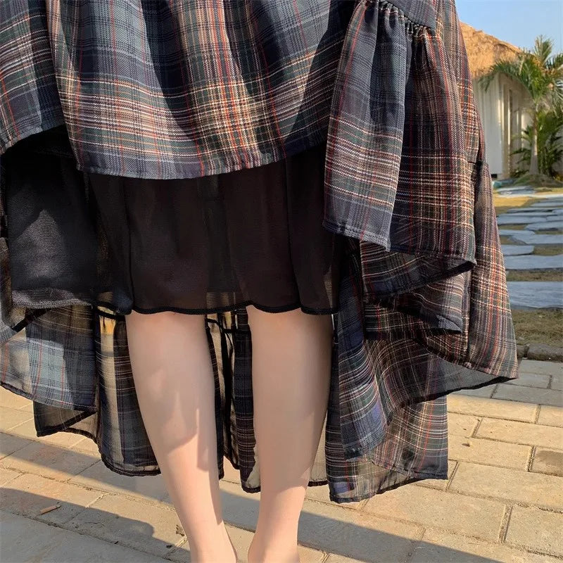 Spring and Autumn Women's Retro Plaid High Waist Skirt Plaid Chiffon Skirt Fashionable and Elegant Long Skirt New A-Line Large Swing Cake Skirt Loose Covering Elegant