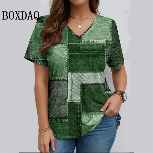 Women's T-shirt Summer V-Neck Short Sleeve Tops Vintage Geometry Graphic Print Loose Shirts Female Casual Plus Size Clothing 8XL