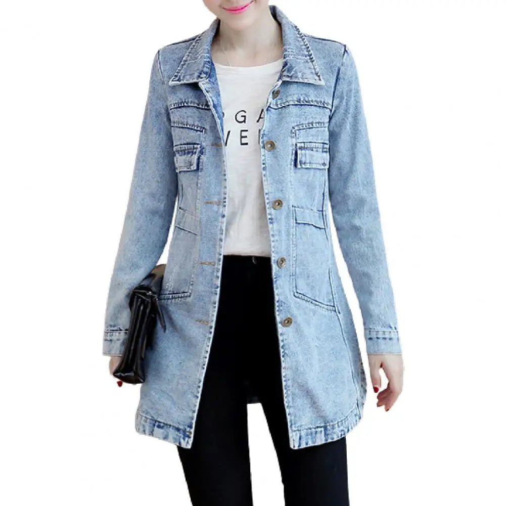 Fashion Single Breasted Long Denim Jacket Shrink Resistant Women Jacket Irregular Hem Long Women Jacket for Vacation