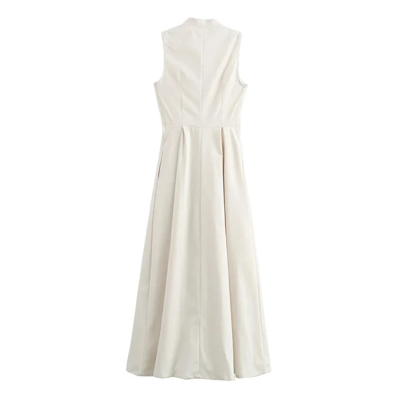 MUJER Zipper Long Dress Woman Pleated Sleeveless Bodycon Dress Summer Elegant Party Dresses For Women 2025 New Midi Dresses