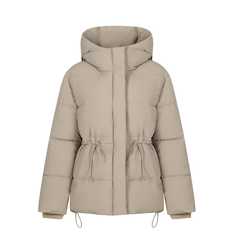 Women's Winter Padded Coat Solid Color Drawstring Waist-cinching Pockets Quilted Jacket For Female Minimalist Lady's Jacket