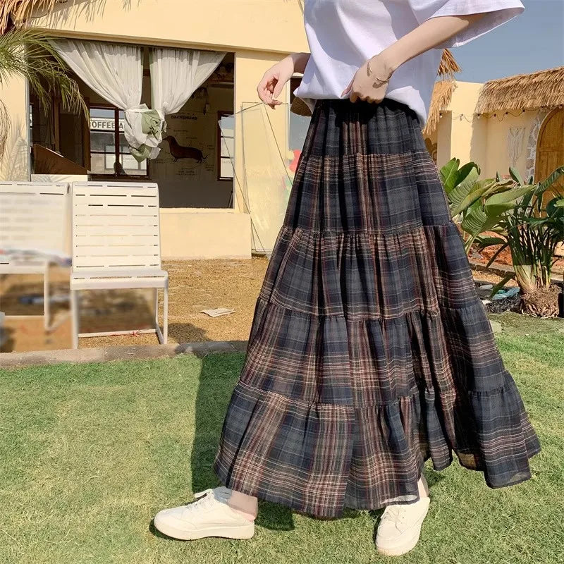 Spring and Autumn Women's Retro Plaid High Waist Skirt Plaid Chiffon Skirt Fashionable and Elegant Long Skirt New A-Line Large Swing Cake Skirt Loose Covering Elegant