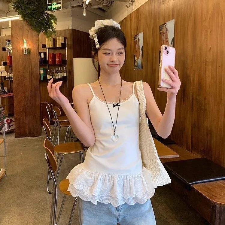Bow Lace Patchwork Hem Cami White Top Women Camisole Long Ruffle Sleeveless 2025 Spring Autumn Y2K Korean Kawaii Camis Black
