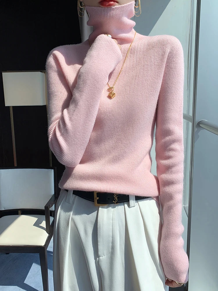 Grace Women Slim Sweater Pullover Turtleneck Basic Cashmere Autumn Winter 100% Merino Wool Knitwear Soft High-end Threaded Tops
