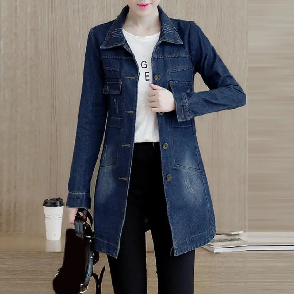 Fashion Single Breasted Long Denim Jacket Shrink Resistant Women Jacket Irregular Hem Long Women Jacket for Vacation