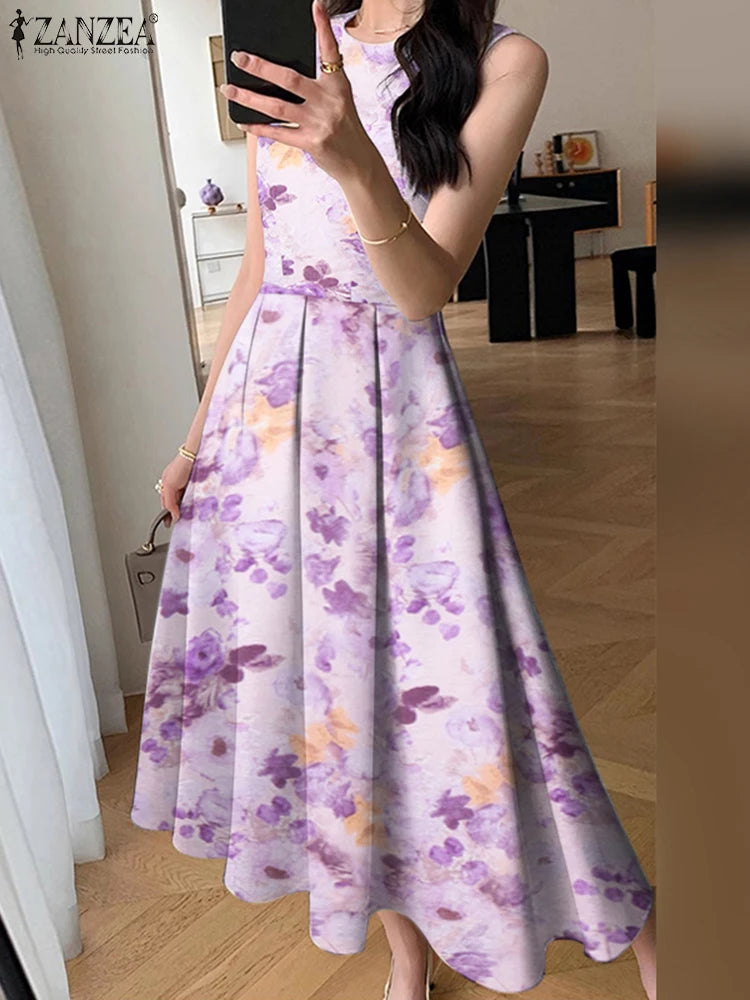 ZANZEA Women Sleeveless Pleated Dress 2024 Summer Korean A-line Tank Evening Dress Elegant Swing Vestido Vintage Party Long Robe