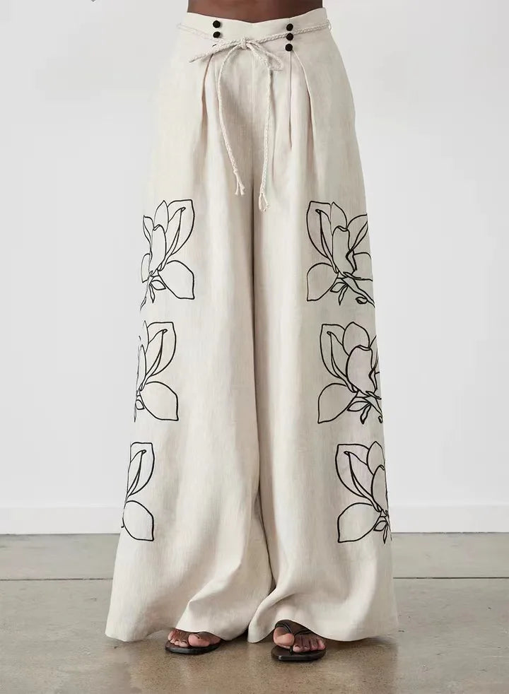 Cotton Linen Women Elegant Two Piece Set Loose Long Sleeve Printed Shirt and High Waist Wide Leg Pants Set Casual Womens Outfits