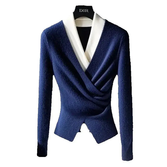 Design Blue Fake Two-Piece Sweater Women's Autumn And Winter New High-Grade Super Nice V-Neck Bottoming Sweater