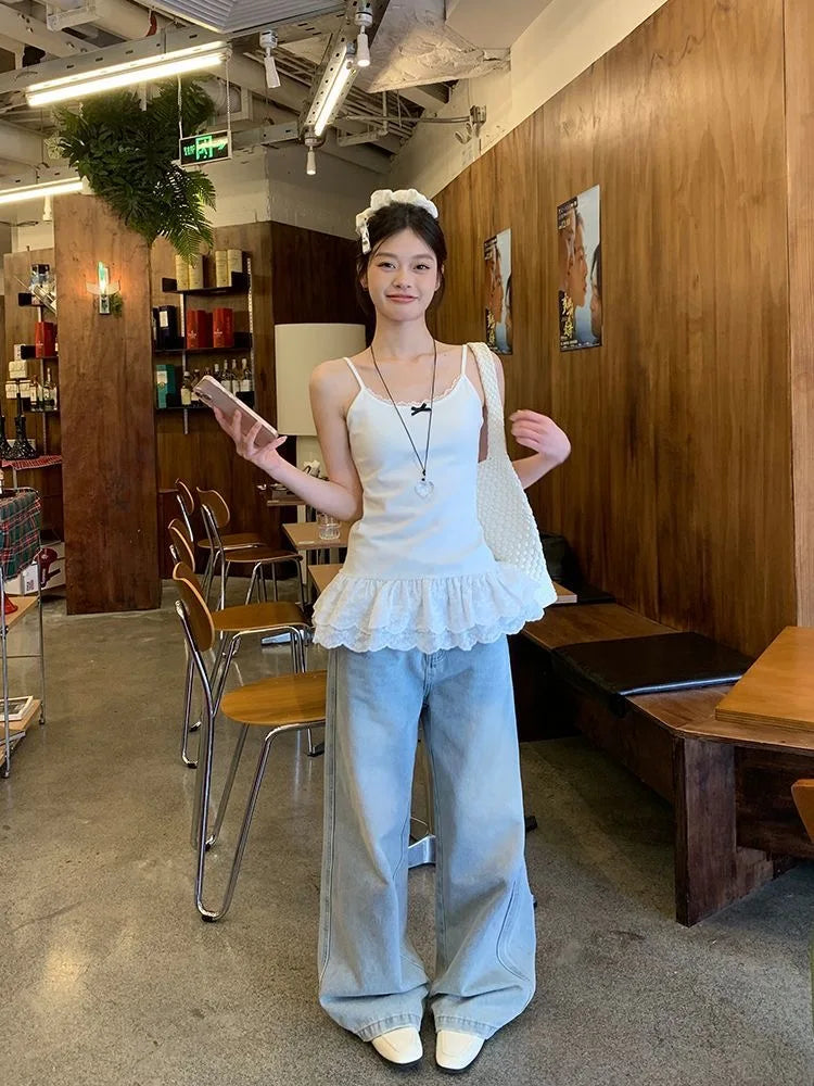 Bow Lace Patchwork Hem Cami White Top Women Camisole Long Ruffle Sleeveless 2025 Spring Autumn Y2K Korean Kawaii Camis Black