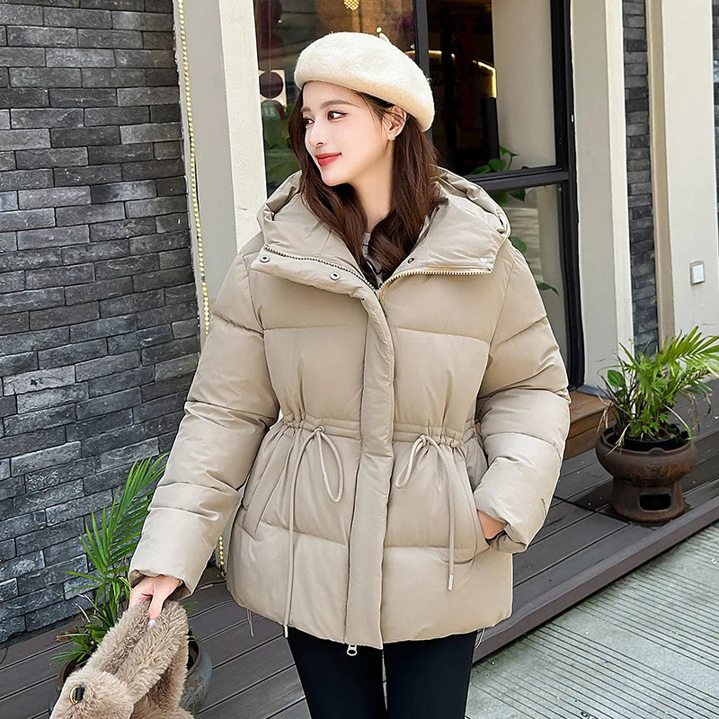 Women's Winter Padded Coat Solid Color Drawstring Waist-cinching Pockets Quilted Jacket For Female Minimalist Lady's Jacket